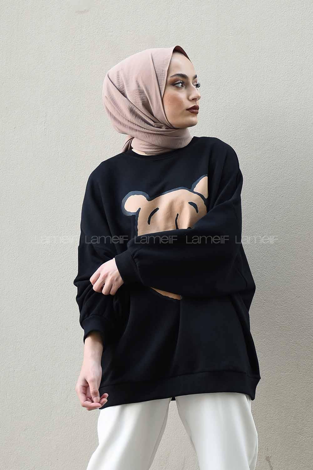 Modalamelif Önü Karikatür Baskılı Sweatshirt Siyah