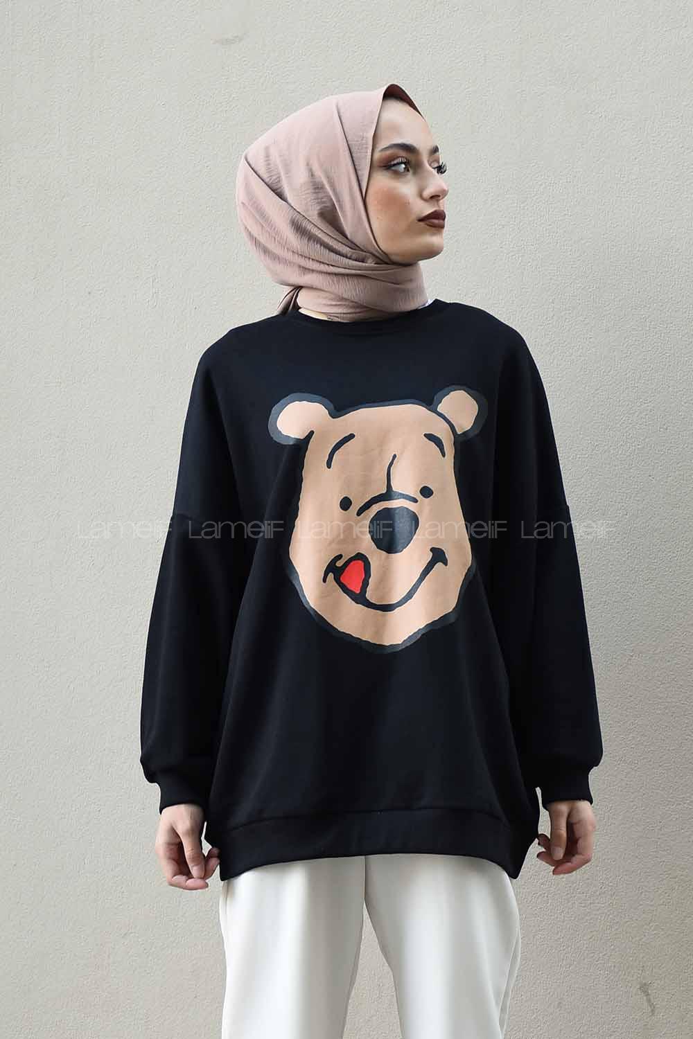 Modalamelif Önü Karikatür Baskılı Sweatshirt Siyah