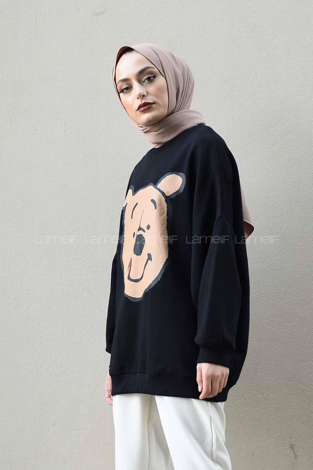 Modalamelif Önü Karikatür Baskılı Sweatshirt Siyah