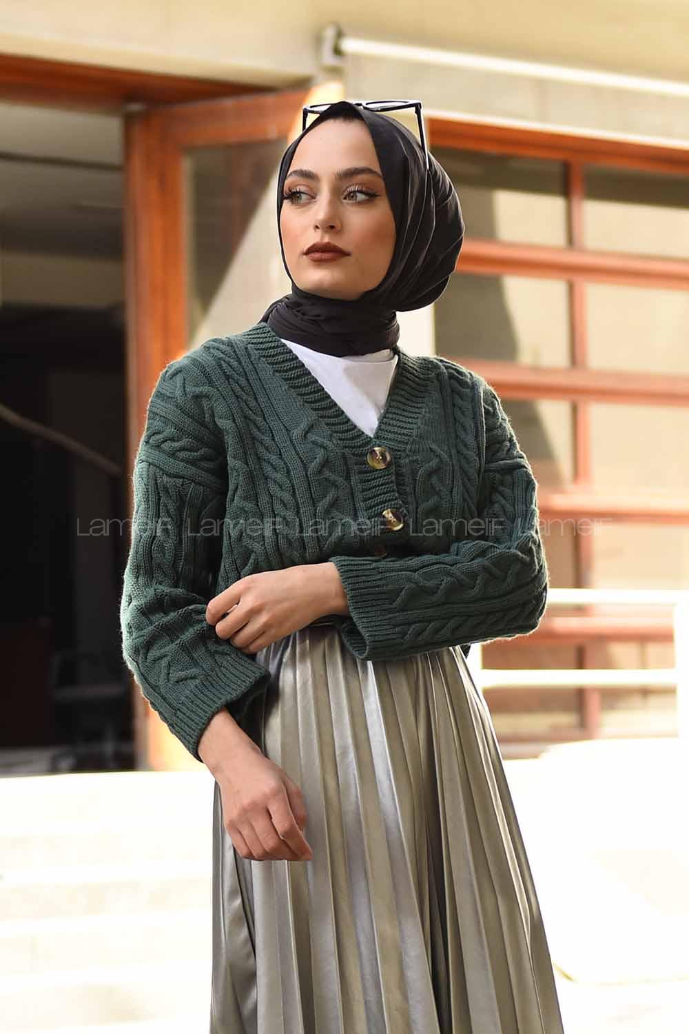 Modalamelif Önü Tahta Düğmeli Düşük Kol Hırka Çağla