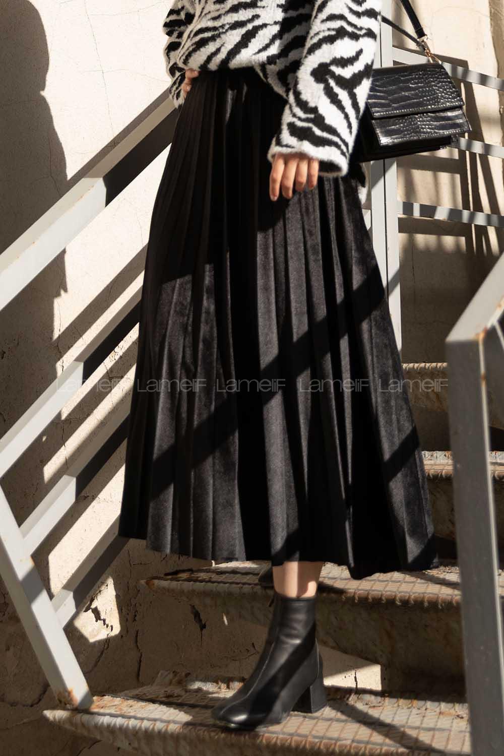 Modalamelif Pileli Kadife Etek Siyah