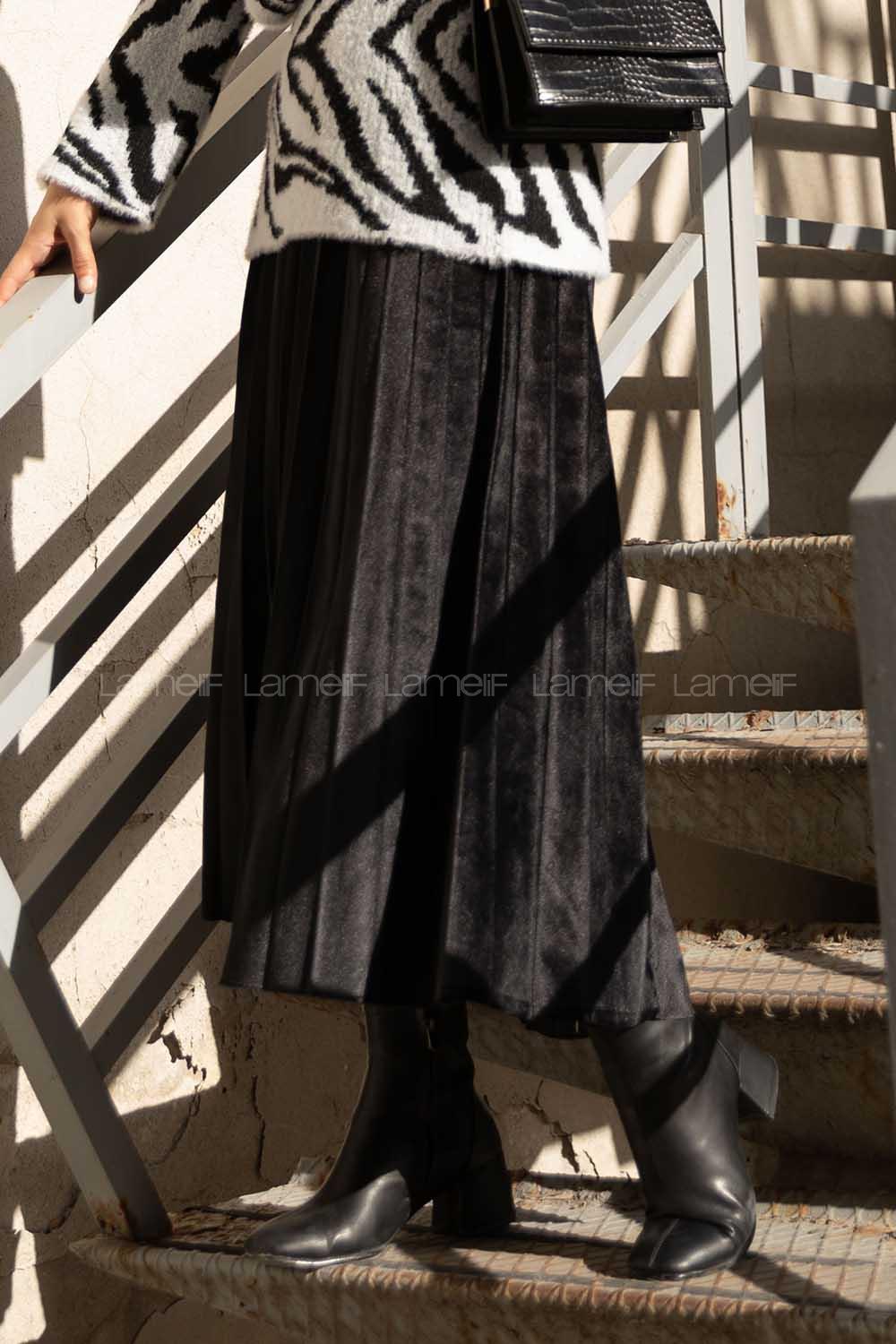 Modalamelif Pileli Kadife Etek Siyah