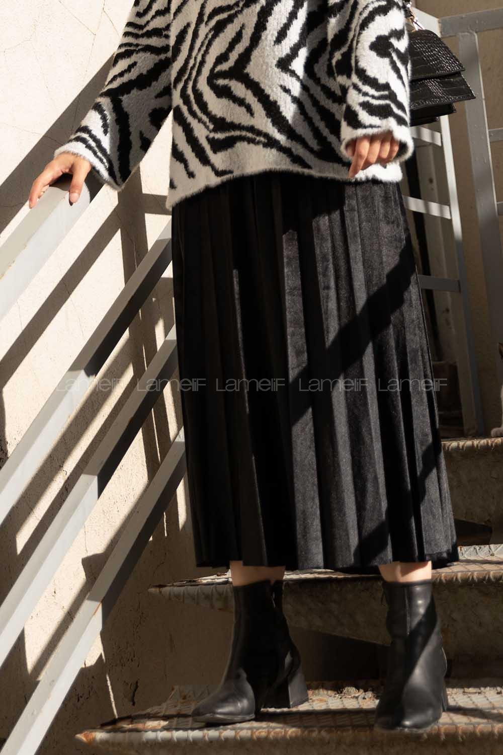 Modalamelif Pileli Kadife Etek Siyah