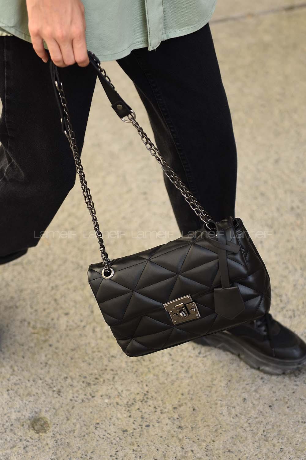 Lamelif Silver Kilit Dikişli Çanta Siyah