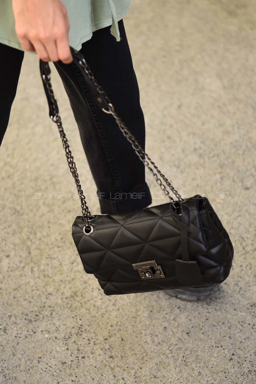 Lamelif Silver Kilit Dikişli Çanta Siyah