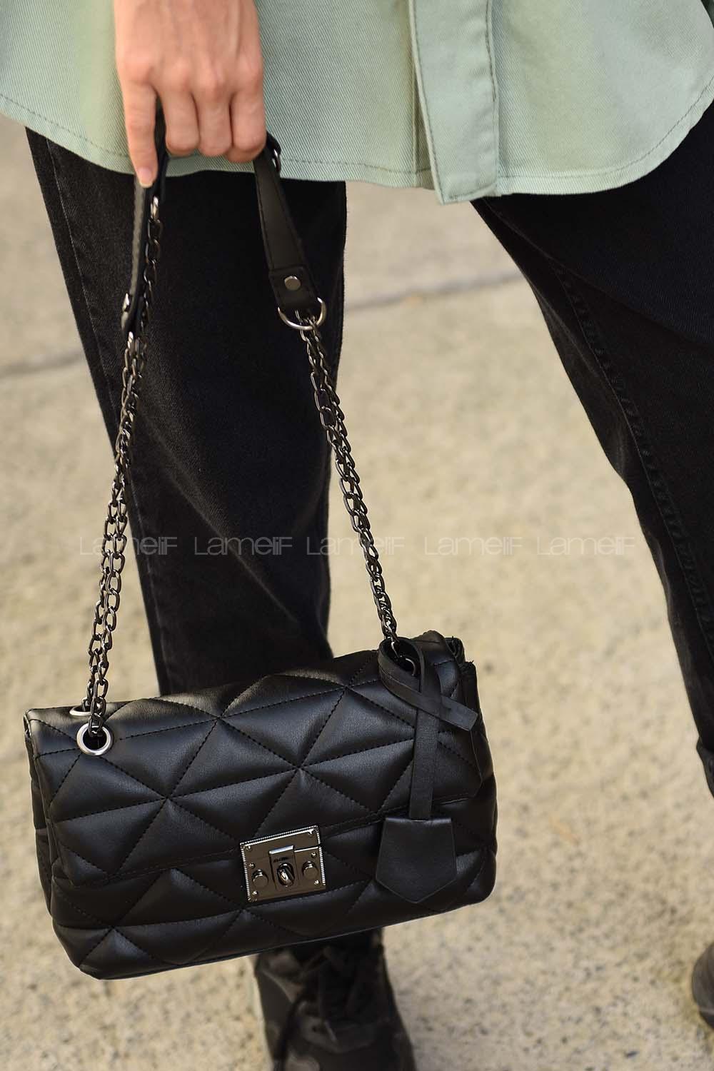 Lamelif Silver Kilit Dikişli Çanta Siyah