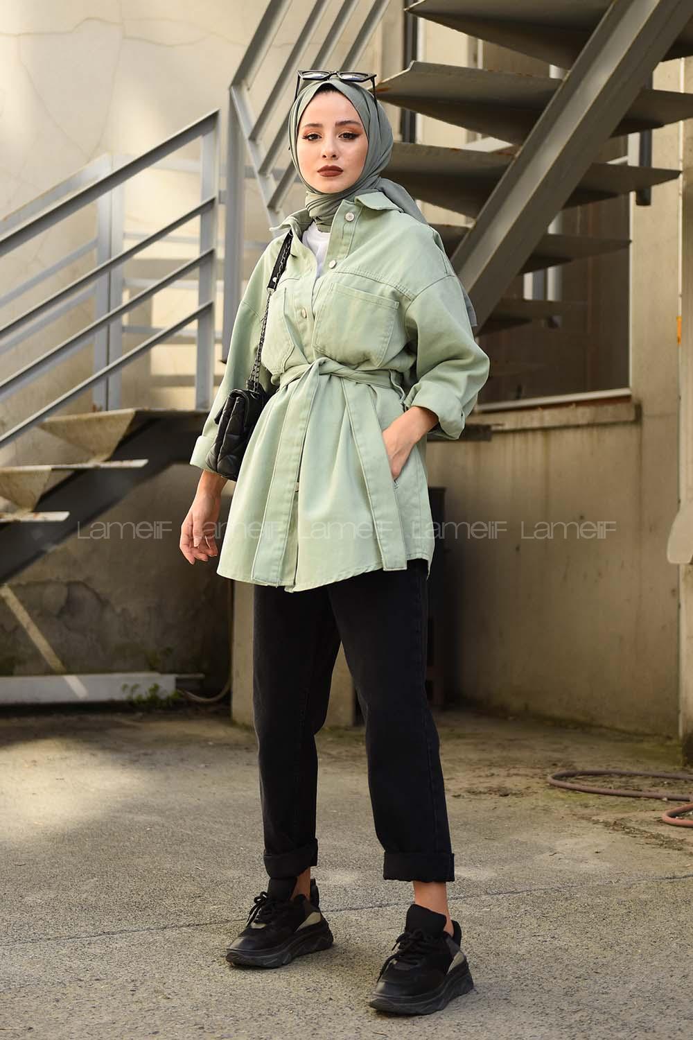 Modalamelif Yan Cep Kuşaklı Kot Ceket Çağla Yeşili