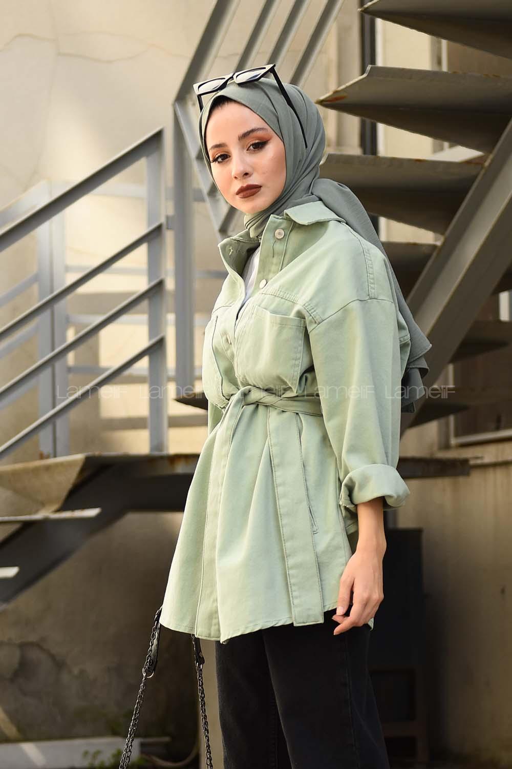 Modalamelif Yan Cep Kuşaklı Kot Ceket Çağla Yeşili