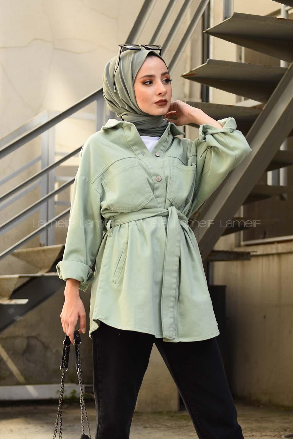 Modalamelif Yan Cep Kuşaklı Kot Ceket Çağla Yeşili