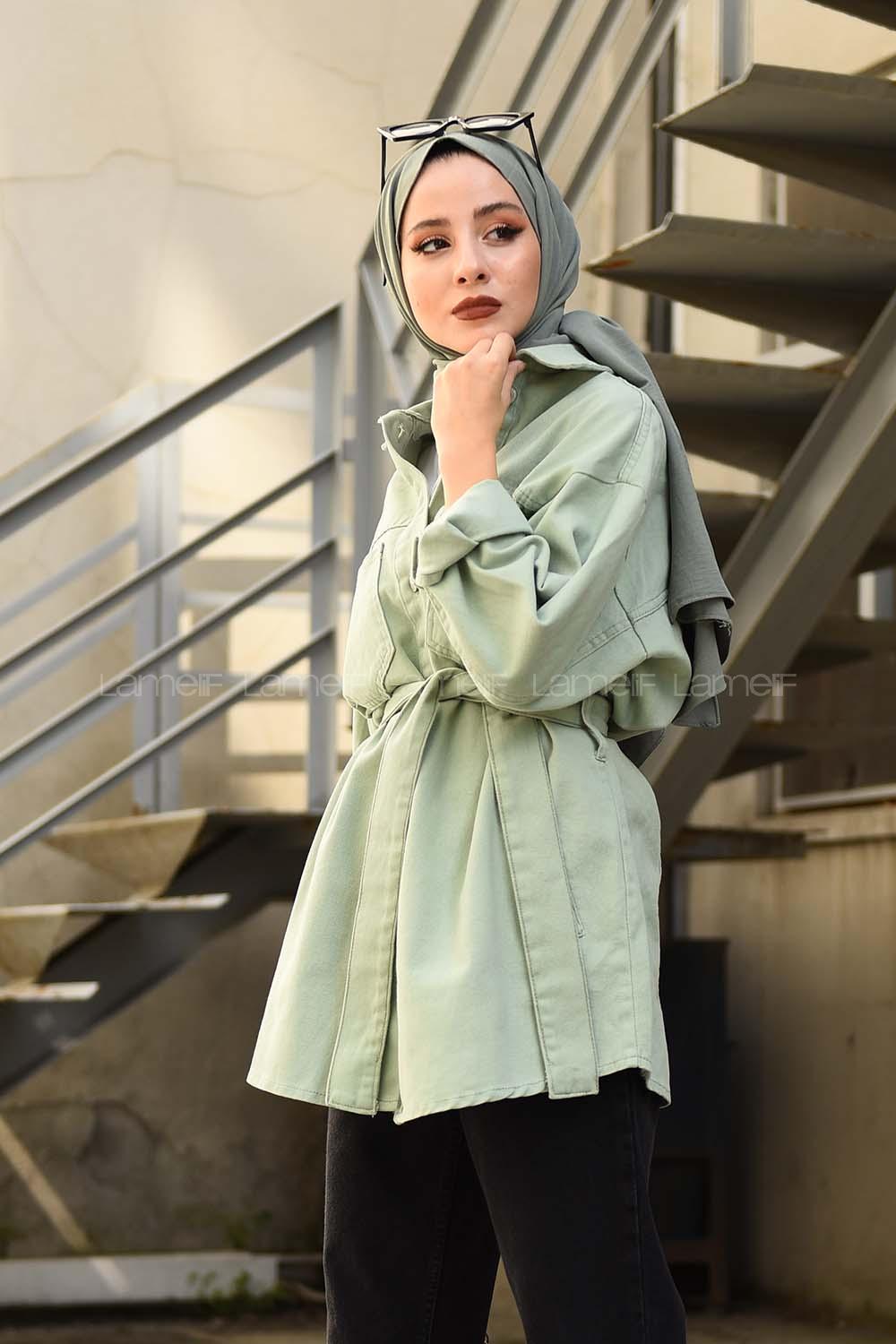 Modalamelif Yan Cep Kuşaklı Kot Ceket Çağla Yeşili