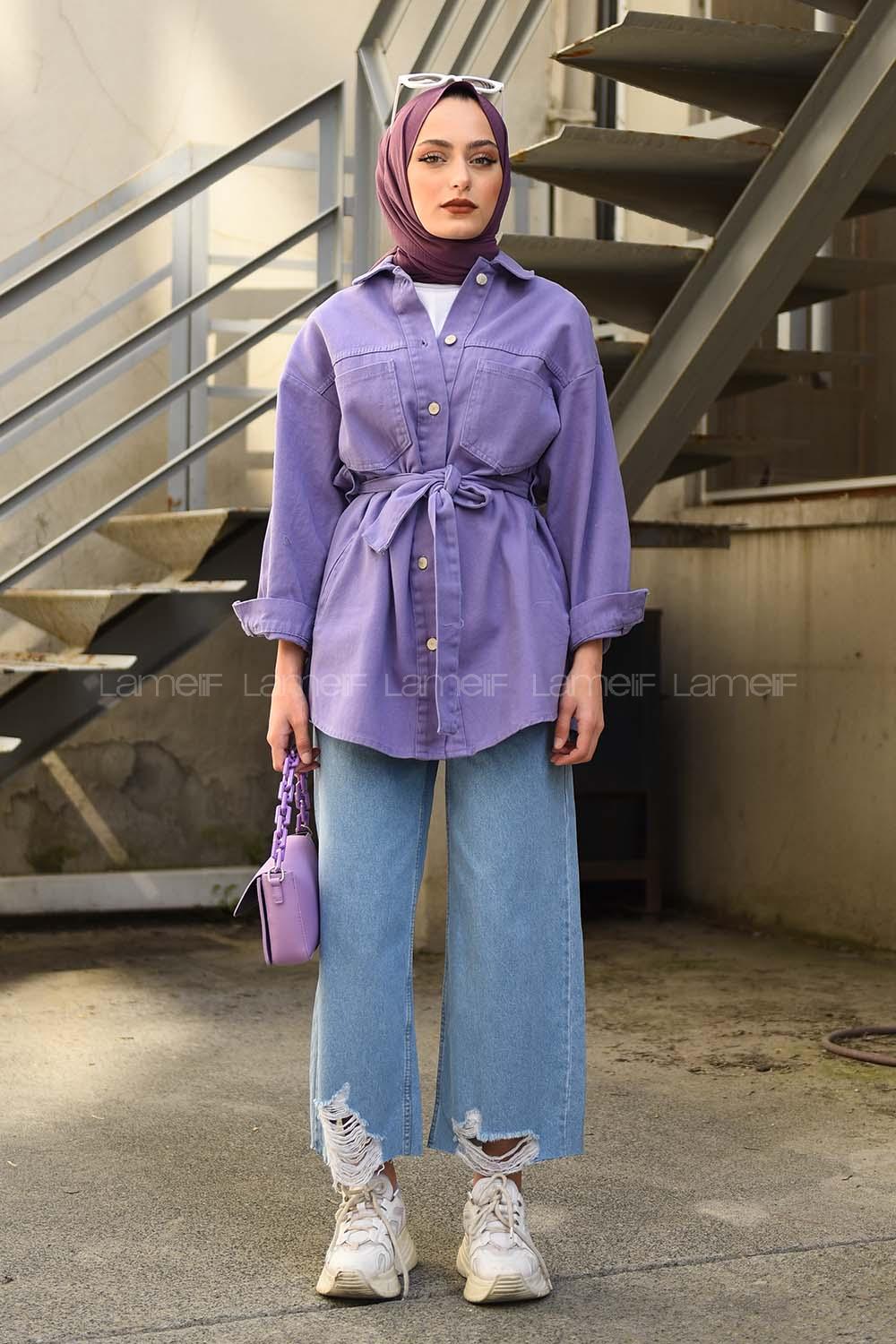 Modalamelif Yan Cep Kuşaklı Kot Ceket Lila