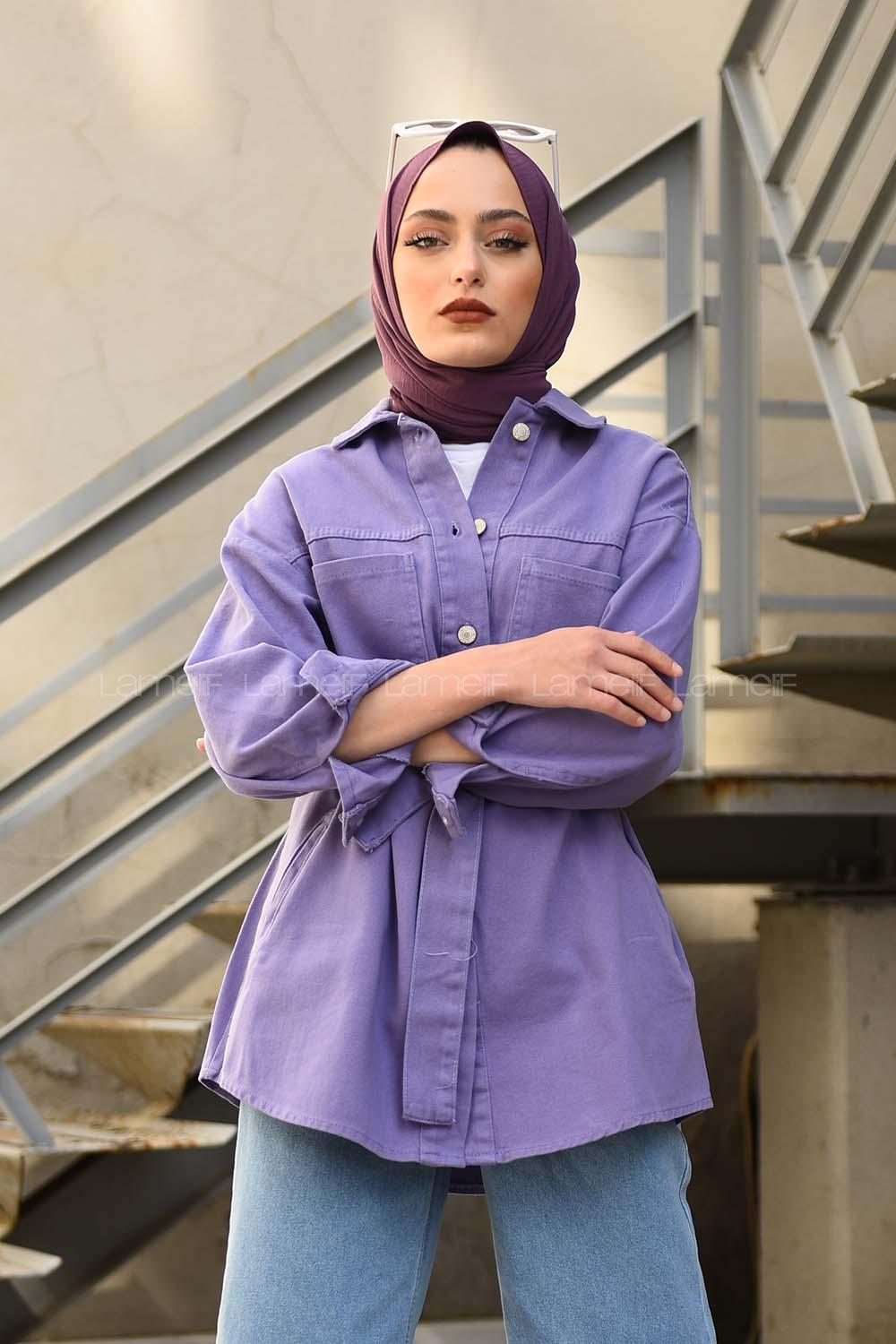 Modalamelif Yan Cep Kuşaklı Kot Ceket Lila