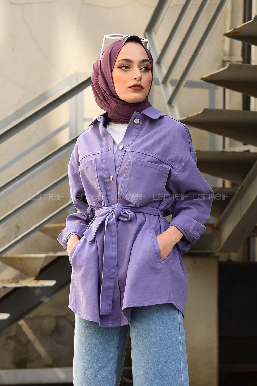 Modalamelif Yan Cep Kuşaklı Kot Ceket Lila