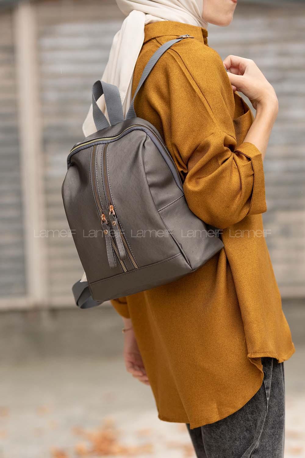 Modalamelif Çift Fermuarlı Saten Sırt Çantası Gri