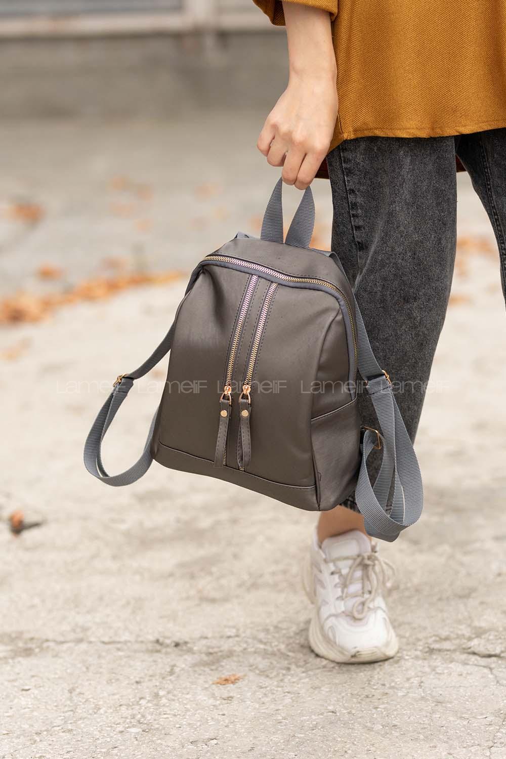 Modalamelif Çift Fermuarlı Saten Sırt Çantası Gri