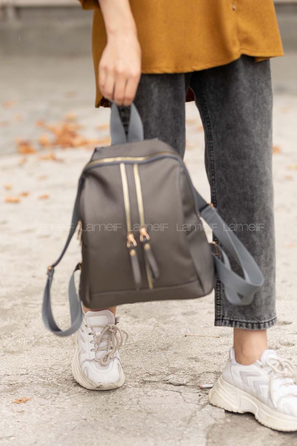 Modalamelif Çift Fermuarlı Saten Sırt Çantası Gri