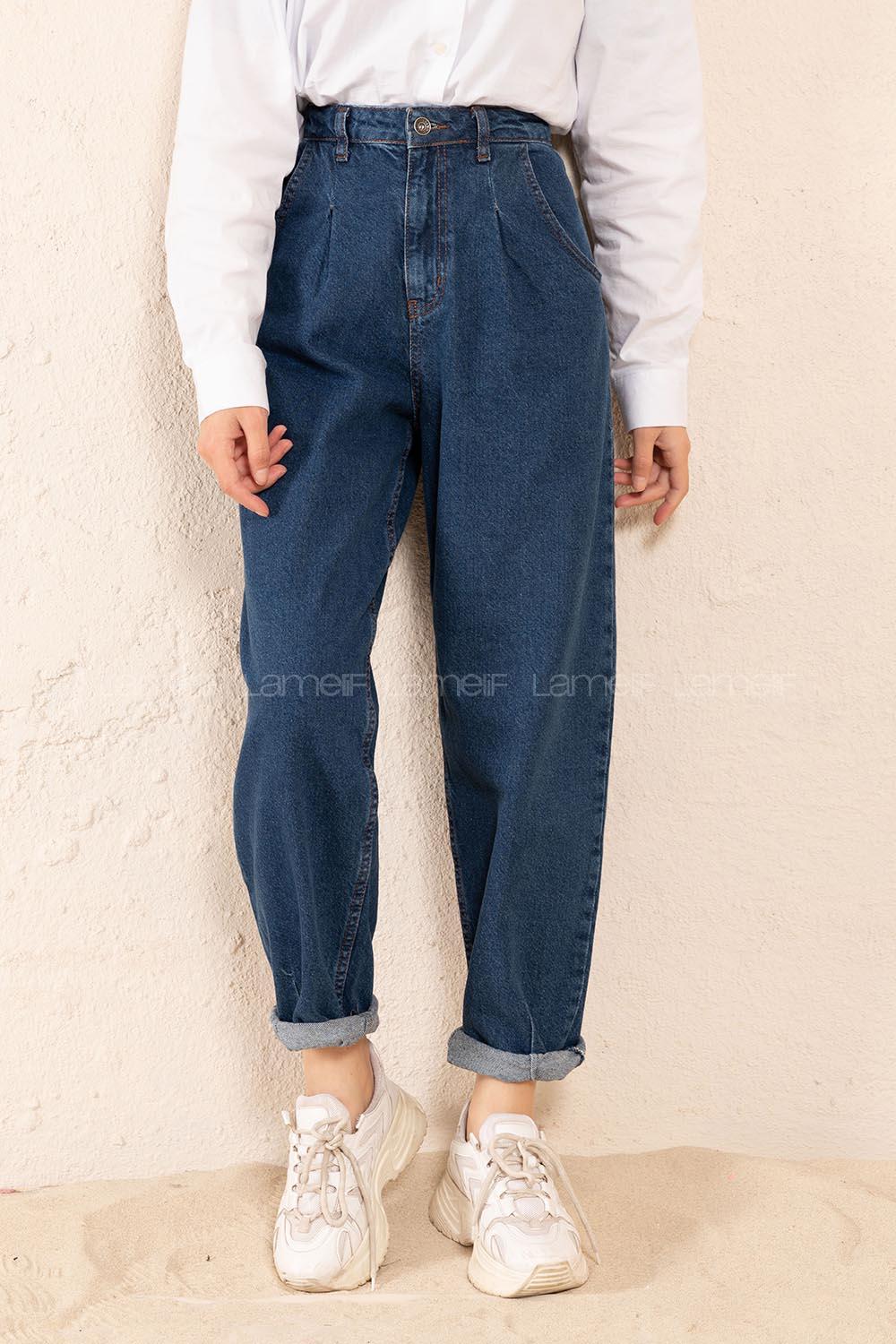 Modalamelif Çift Cepli Paça Pens Detaylı Balon Mom Jean Koyu Mavi