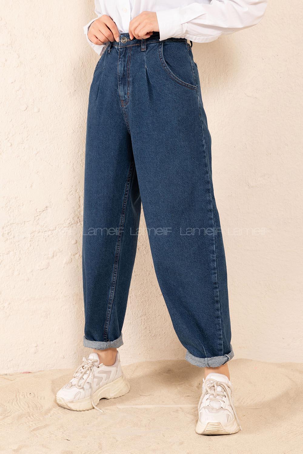 Modalamelif Çift Cepli Paça Pens Detaylı Balon Mom Jean Koyu Mavi