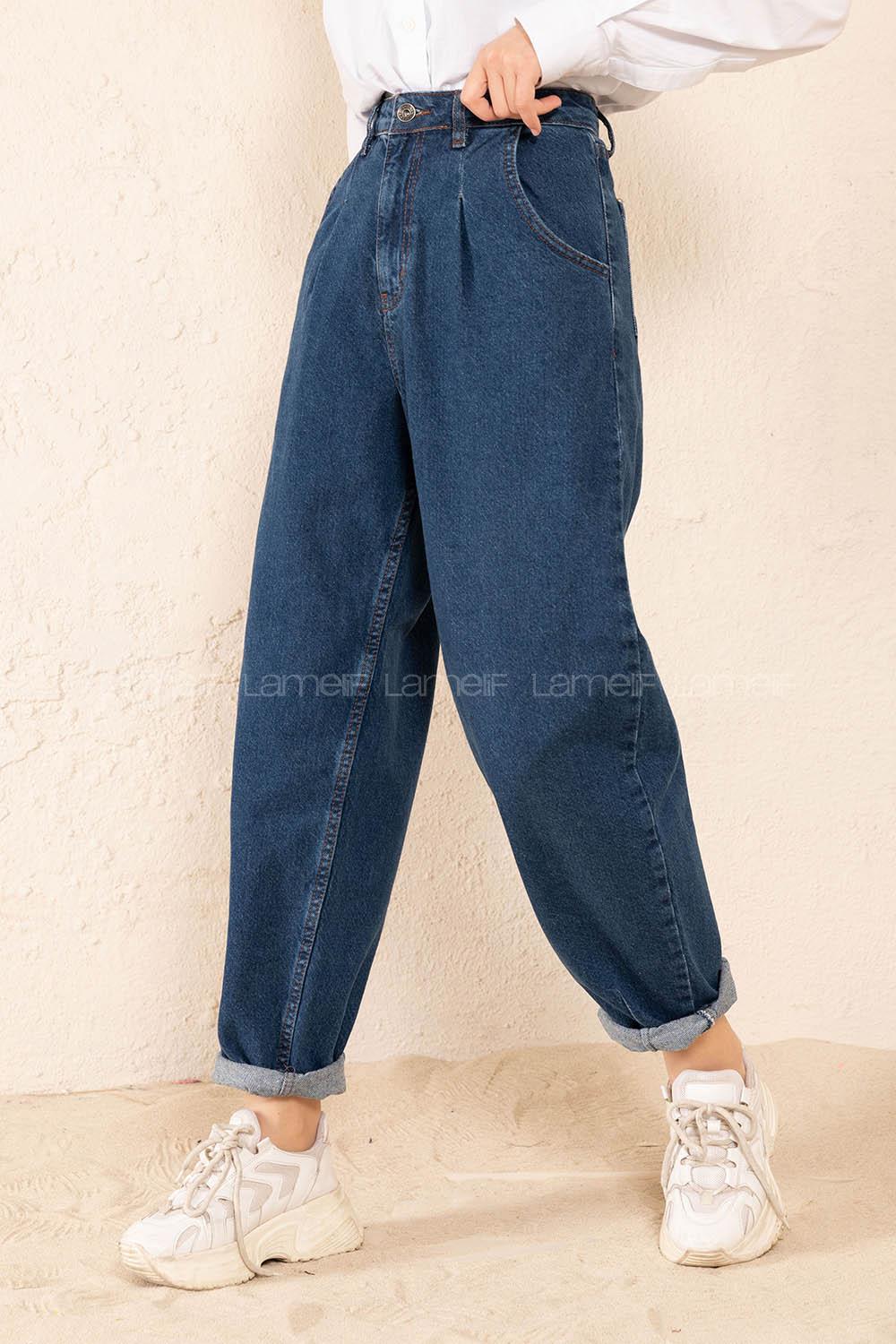 Modalamelif Çift Cepli Paça Pens Detaylı Balon Mom Jean Koyu Mavi