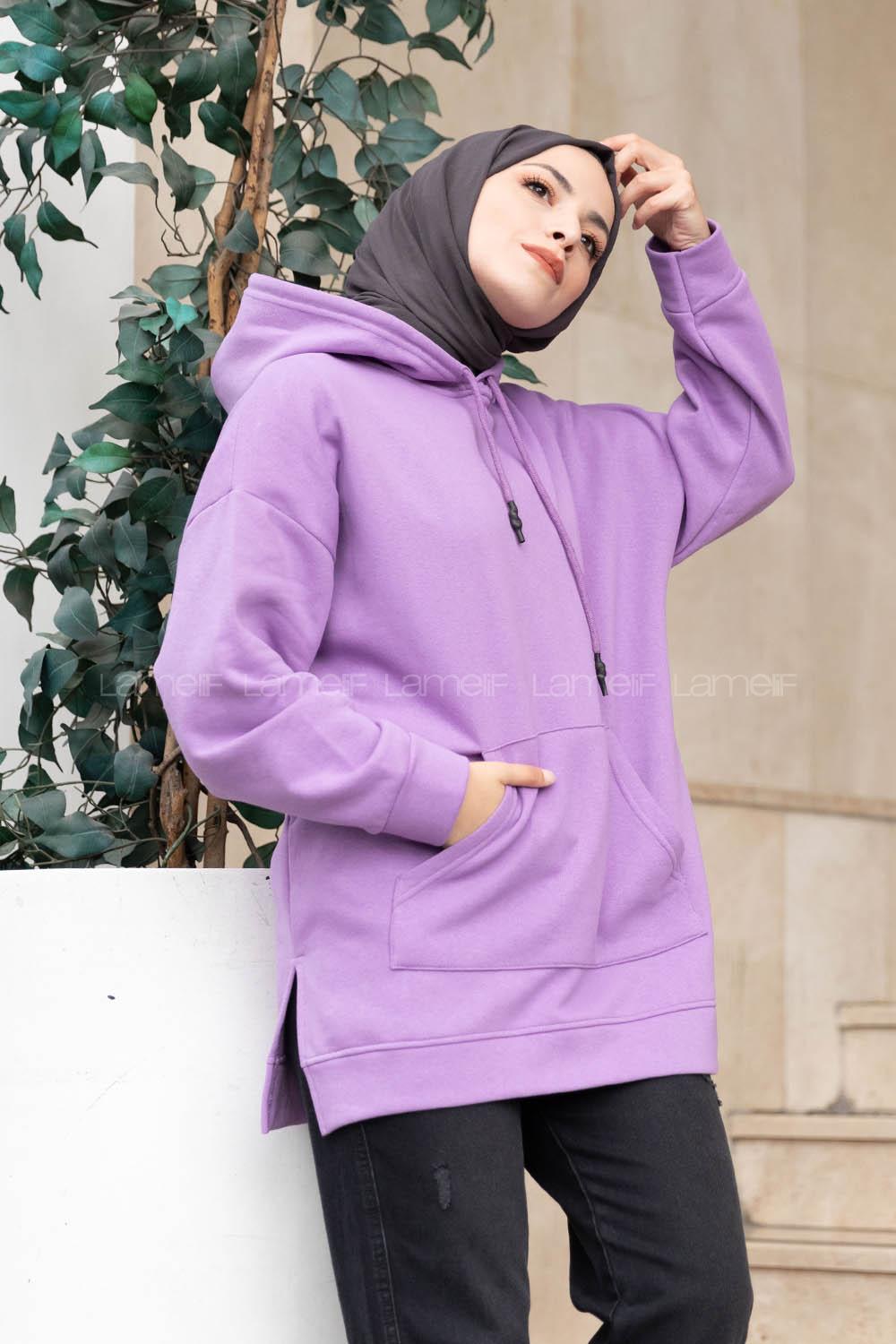 Modalamelif  Kanguru Cep Kapşonlu Sweatshirt Lila