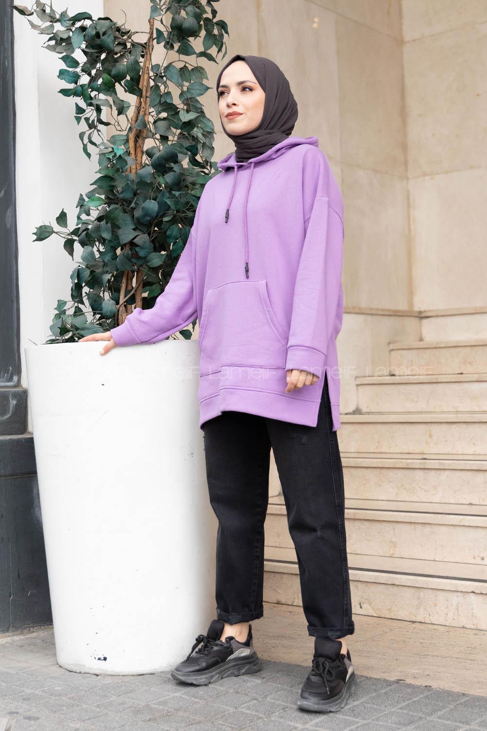 Modalamelif  Kanguru Cep Kapşonlu Sweatshirt Lila