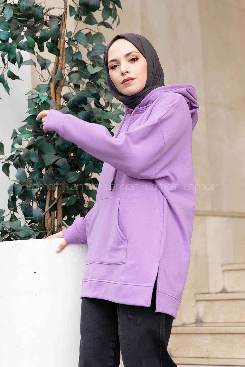 Modalamelif  Kanguru Cep Kapşonlu Sweatshirt Lila