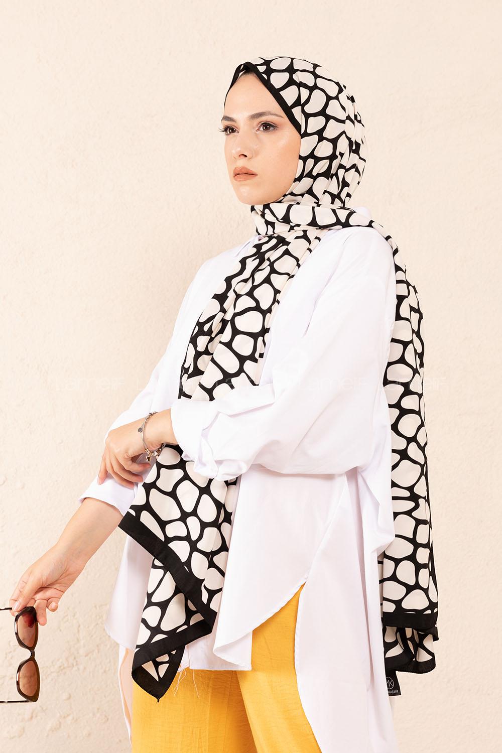 Modalamelif Beyaz&Siyah Baskılı Medine İpeği Şal Dama Desen