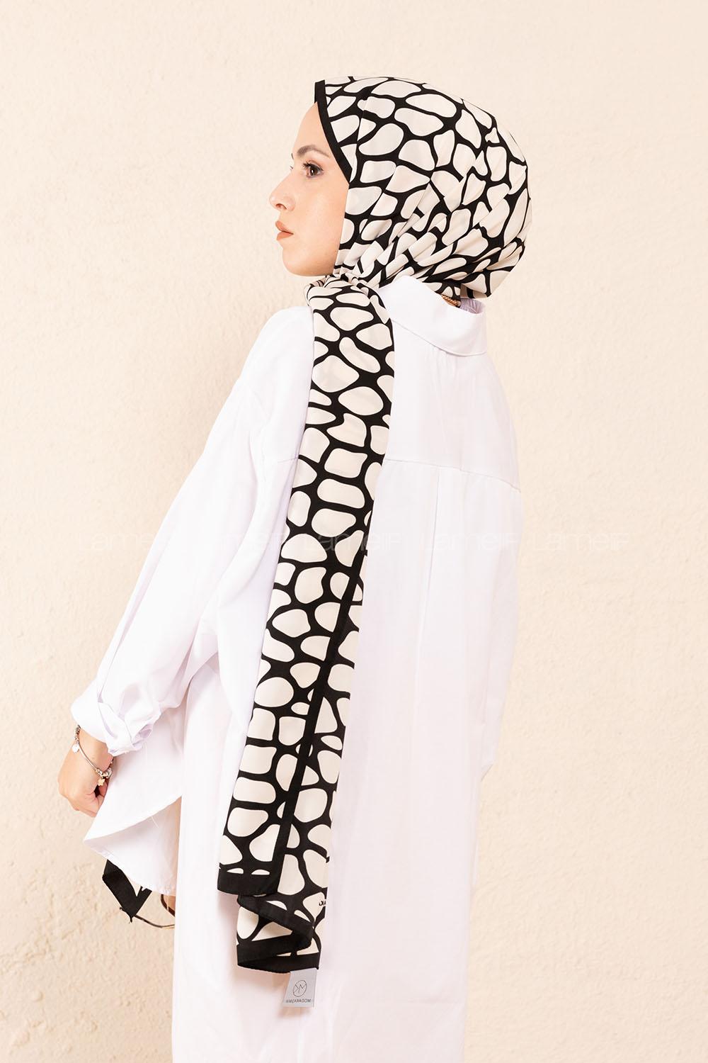 Modalamelif Beyaz&Siyah Baskılı Medine İpeği Şal Dama Desen