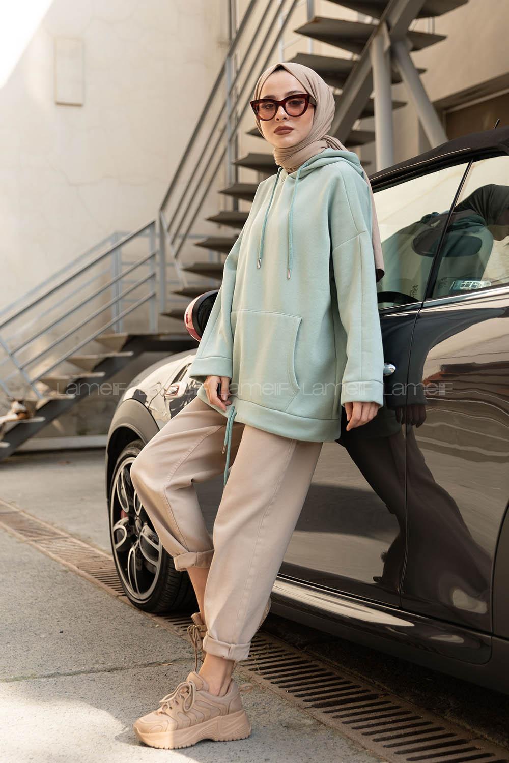 Modalamelif Etek Ucu Bağcıklı Kanguru Cep Sweatshirt Çağla Yeşili