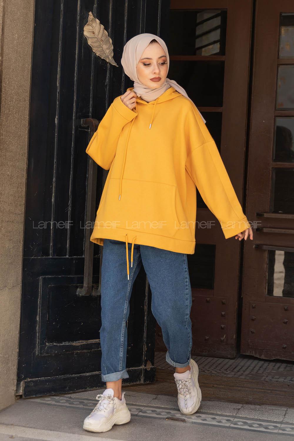 Modalamelif Etek Ucu Bağcıklı Kanguru Cep Sweatshirt Hardal Sarısı