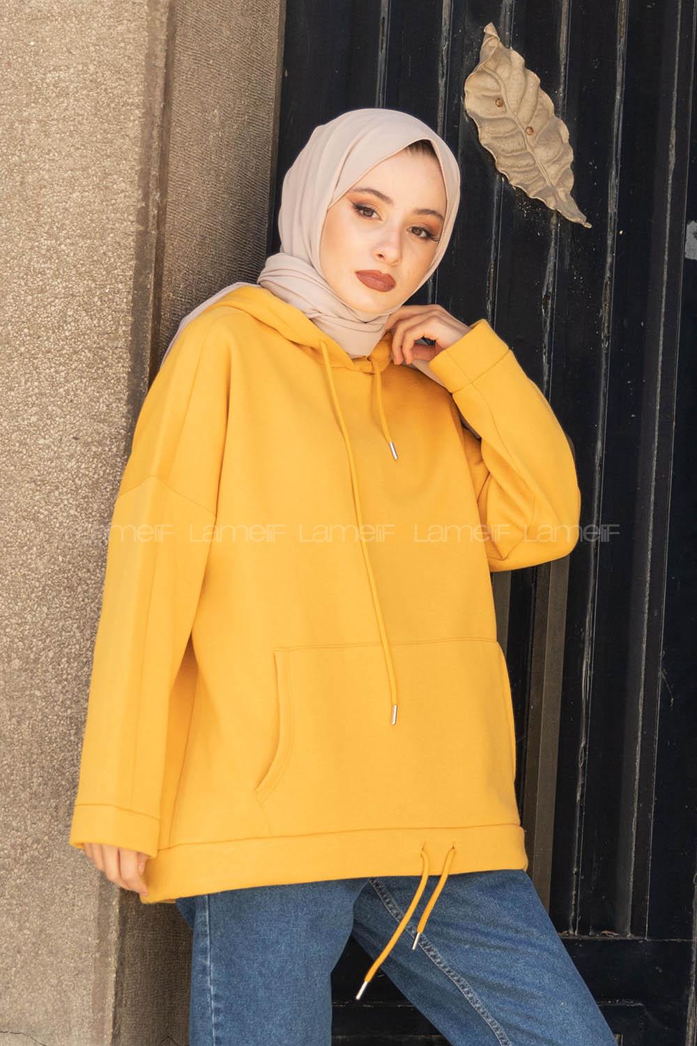 Modalamelif Etek Ucu Bağcıklı Kanguru Cep Sweatshirt Hardal Sarısı