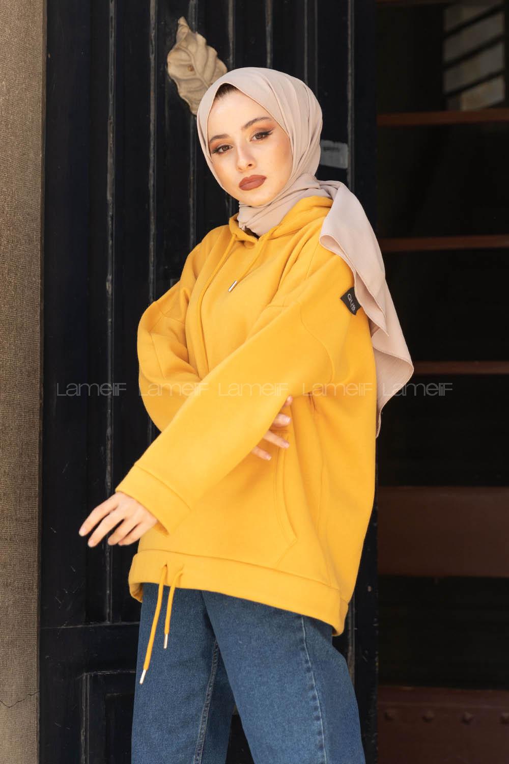 Modalamelif Etek Ucu Bağcıklı Kanguru Cep Sweatshirt Hardal Sarısı