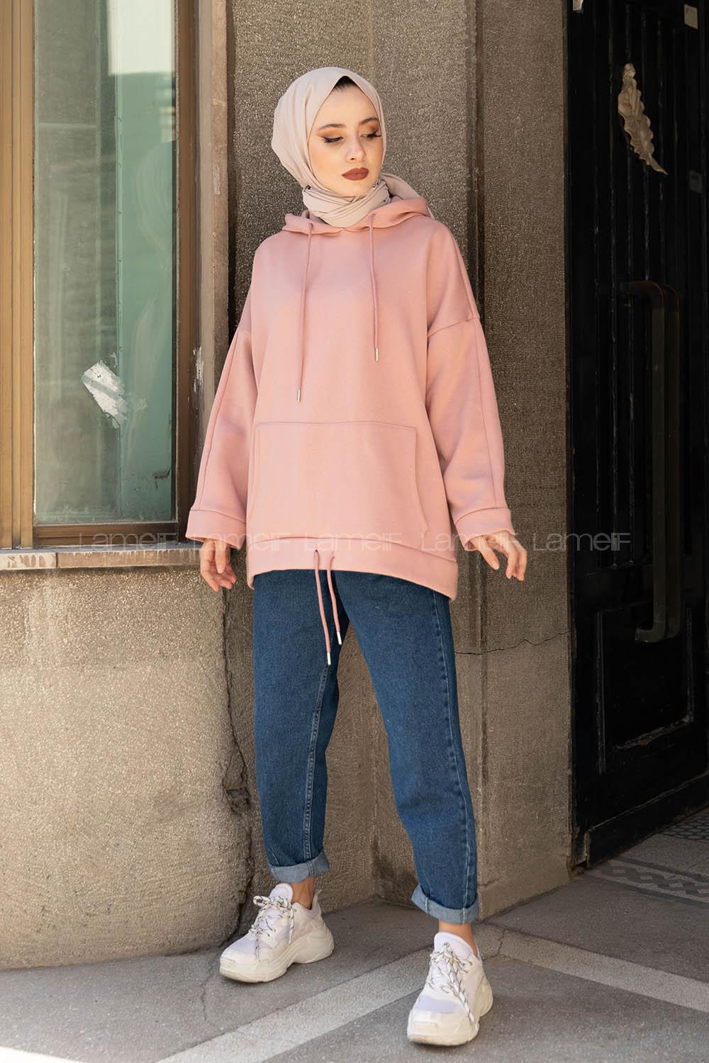 Modalamelif Etek Ucu Bağcıklı Kanguru Cep Sweatshirt Pudra