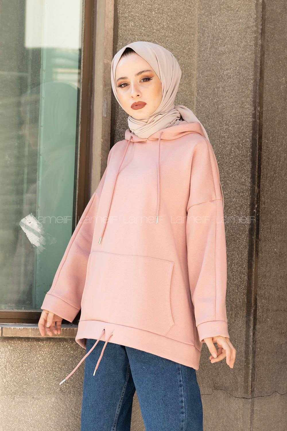 Modalamelif Etek Ucu Bağcıklı Kanguru Cep Sweatshirt Pudra