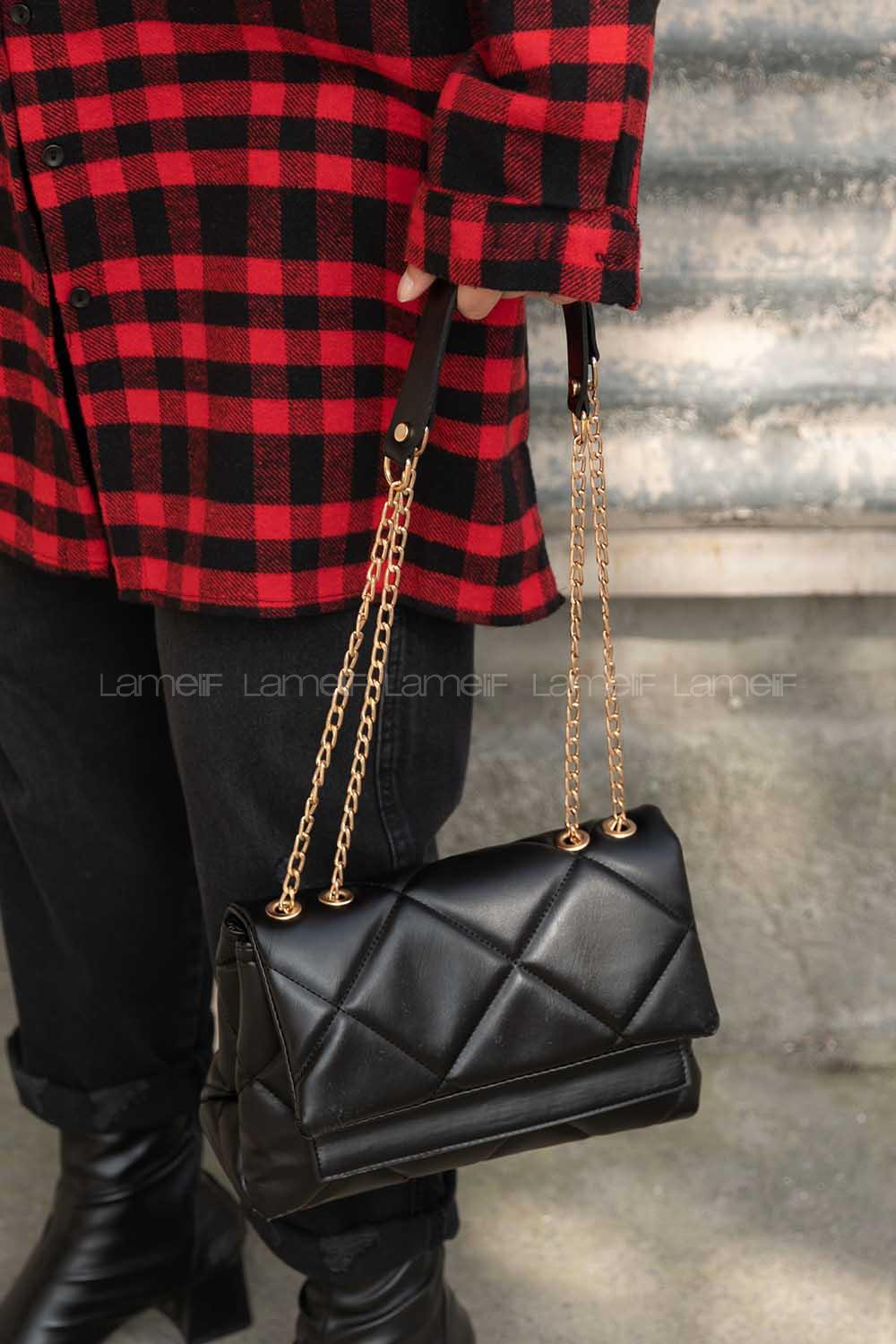 Lamelif Kapaklı Kapitone Çanta Siyah