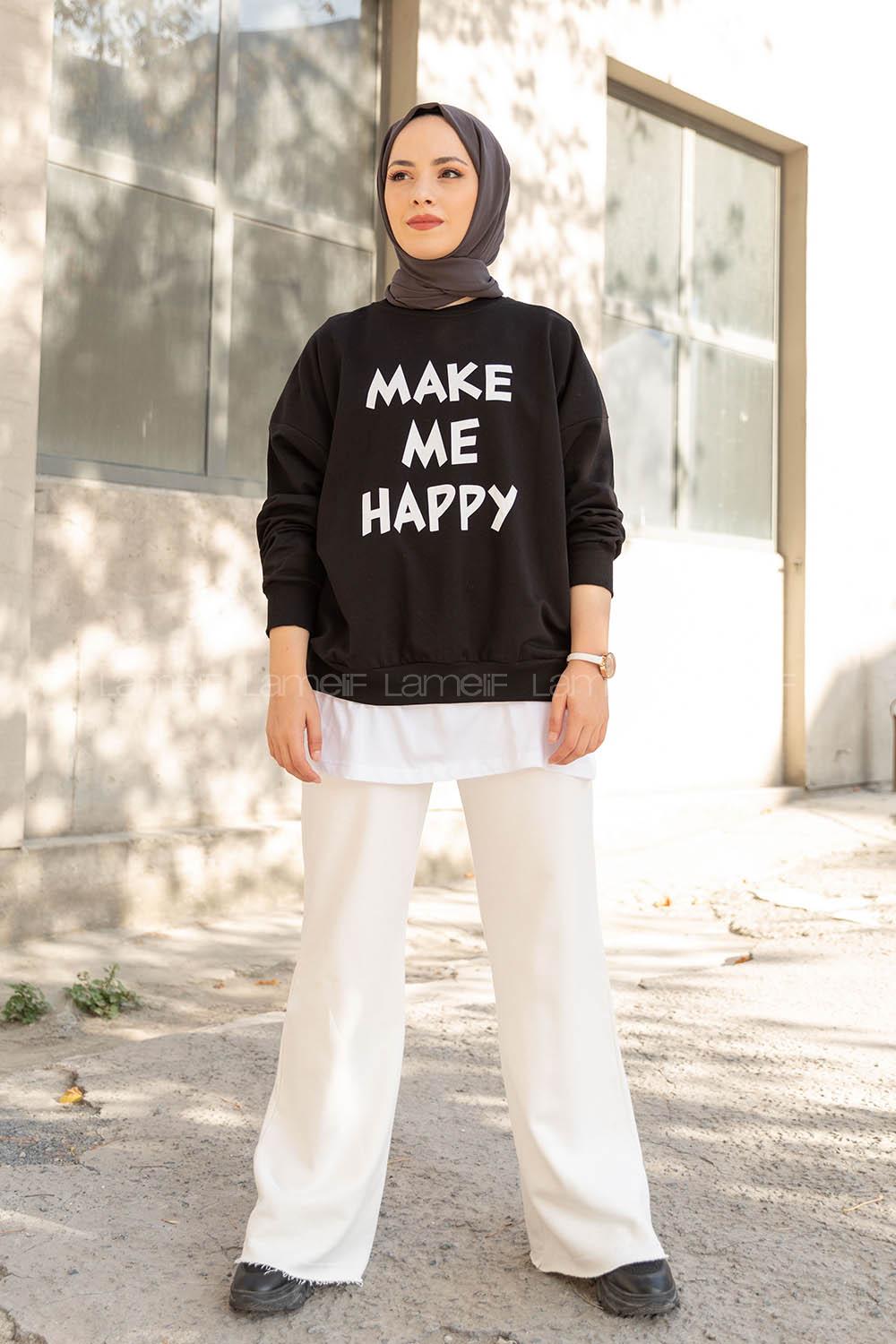 Modalamelif Make Me Happy Baskılı Sweatshirt Siyah