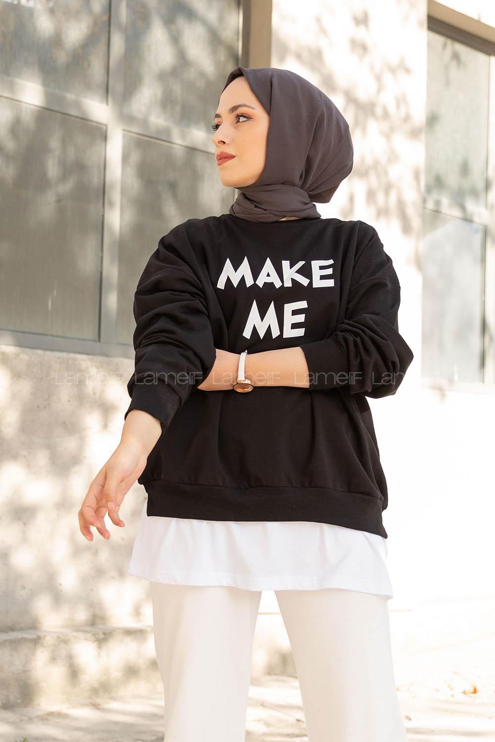 Modalamelif Make Me Happy Baskılı Sweatshirt Siyah