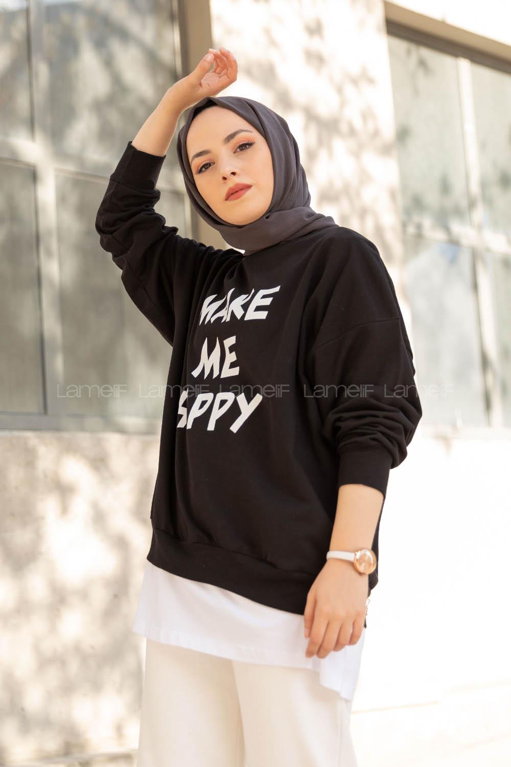 Modalamelif Make Me Happy Baskılı Sweatshirt Siyah