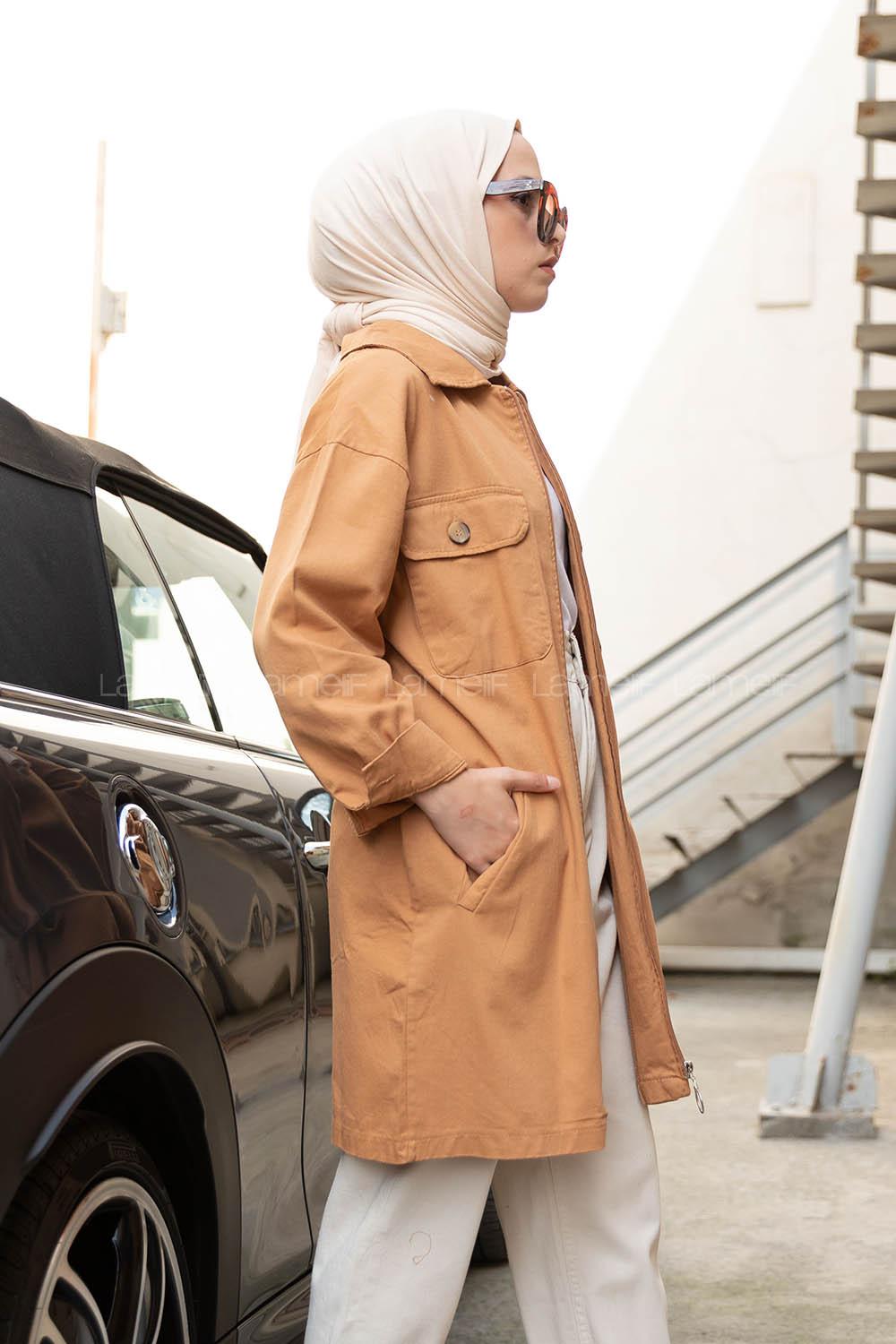 Modalamelif Önü Fermuarlı Kapak Cepli Ceket Camel