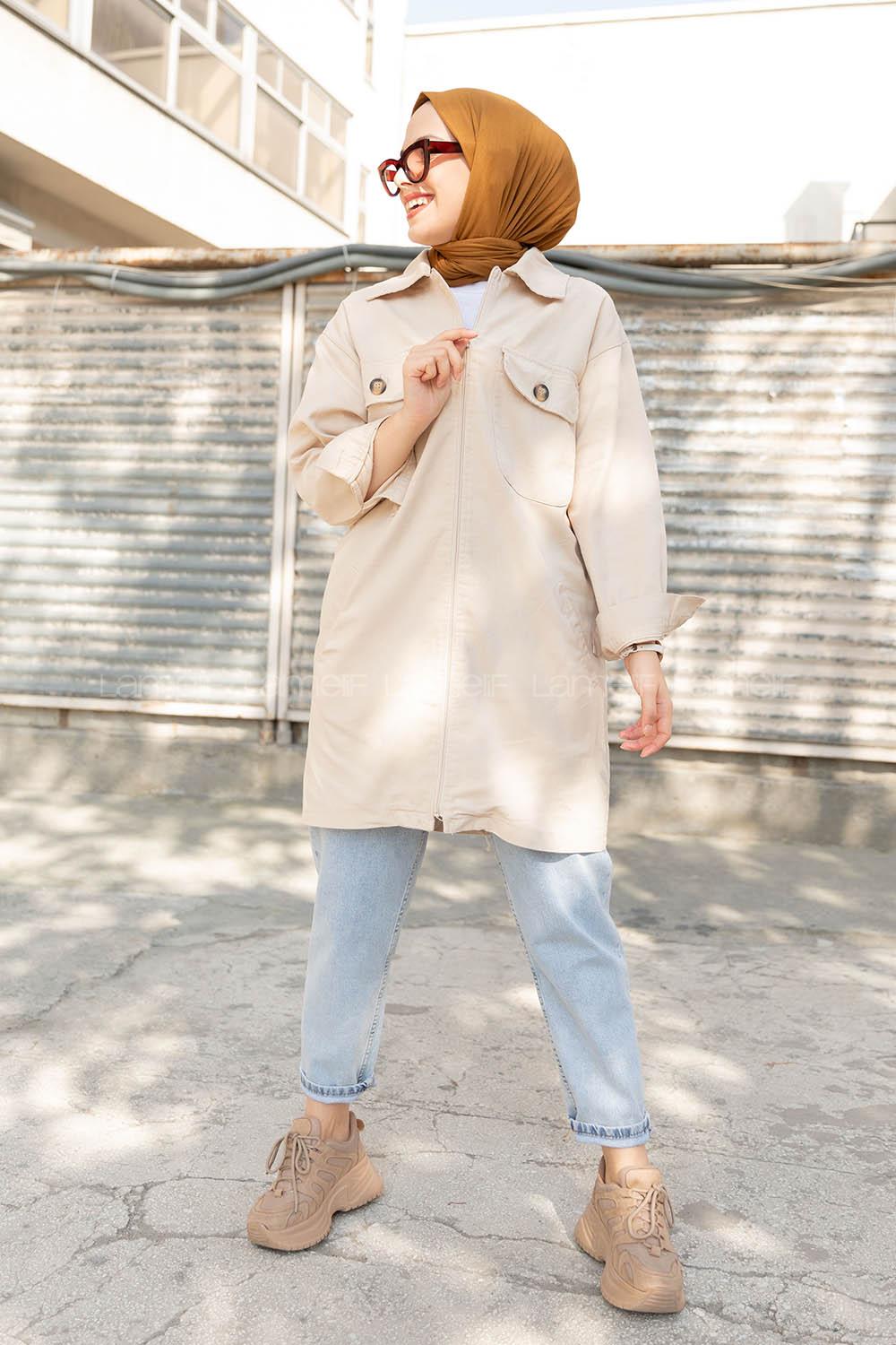 Modalamelif Önü Fermuarlı Kapak Cepli Ceket Taş