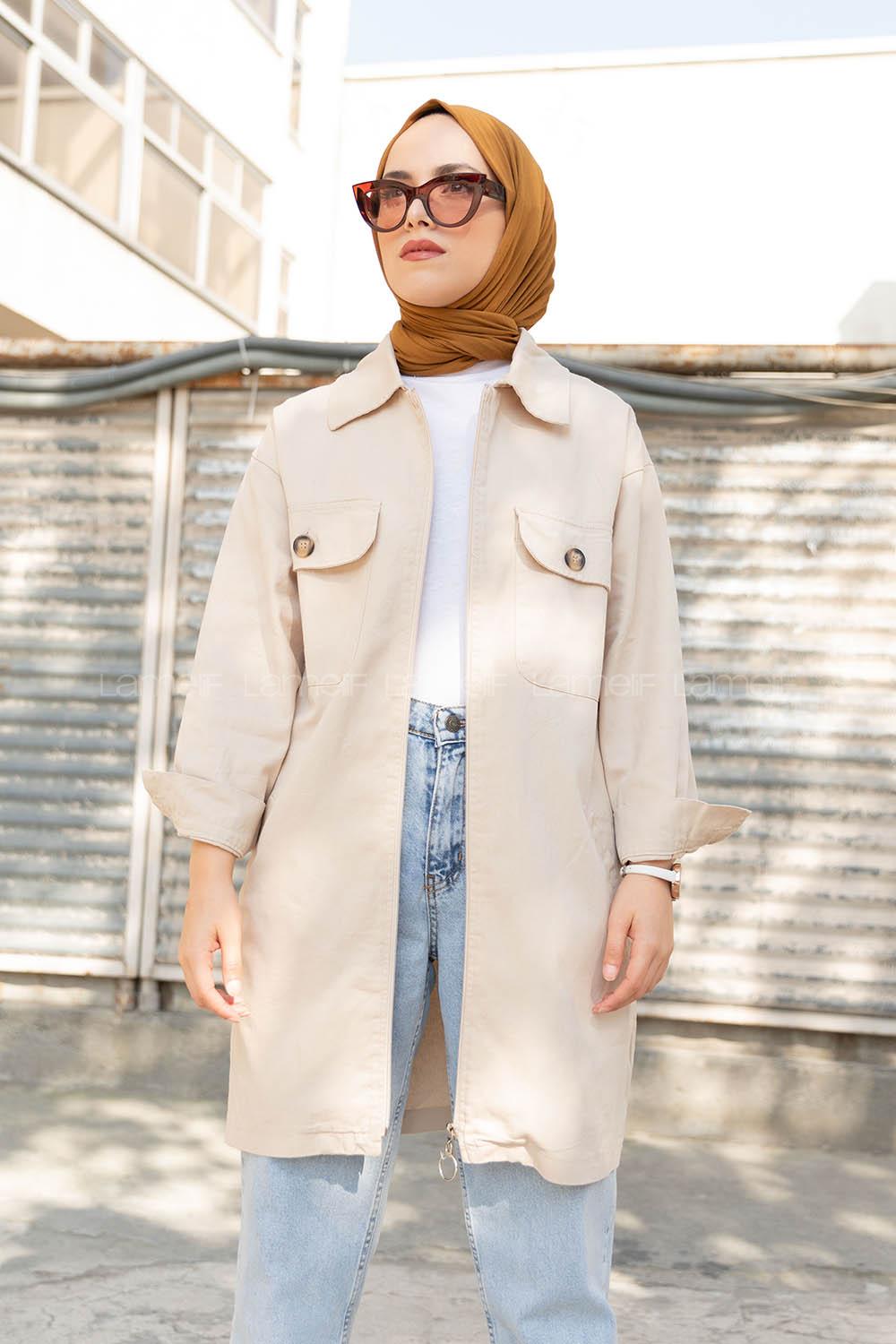 Modalamelif Önü Fermuarlı Kapak Cepli Ceket Taş