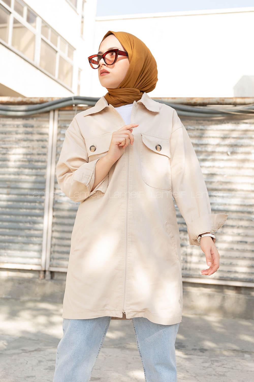 Modalamelif Önü Fermuarlı Kapak Cepli Ceket Taş