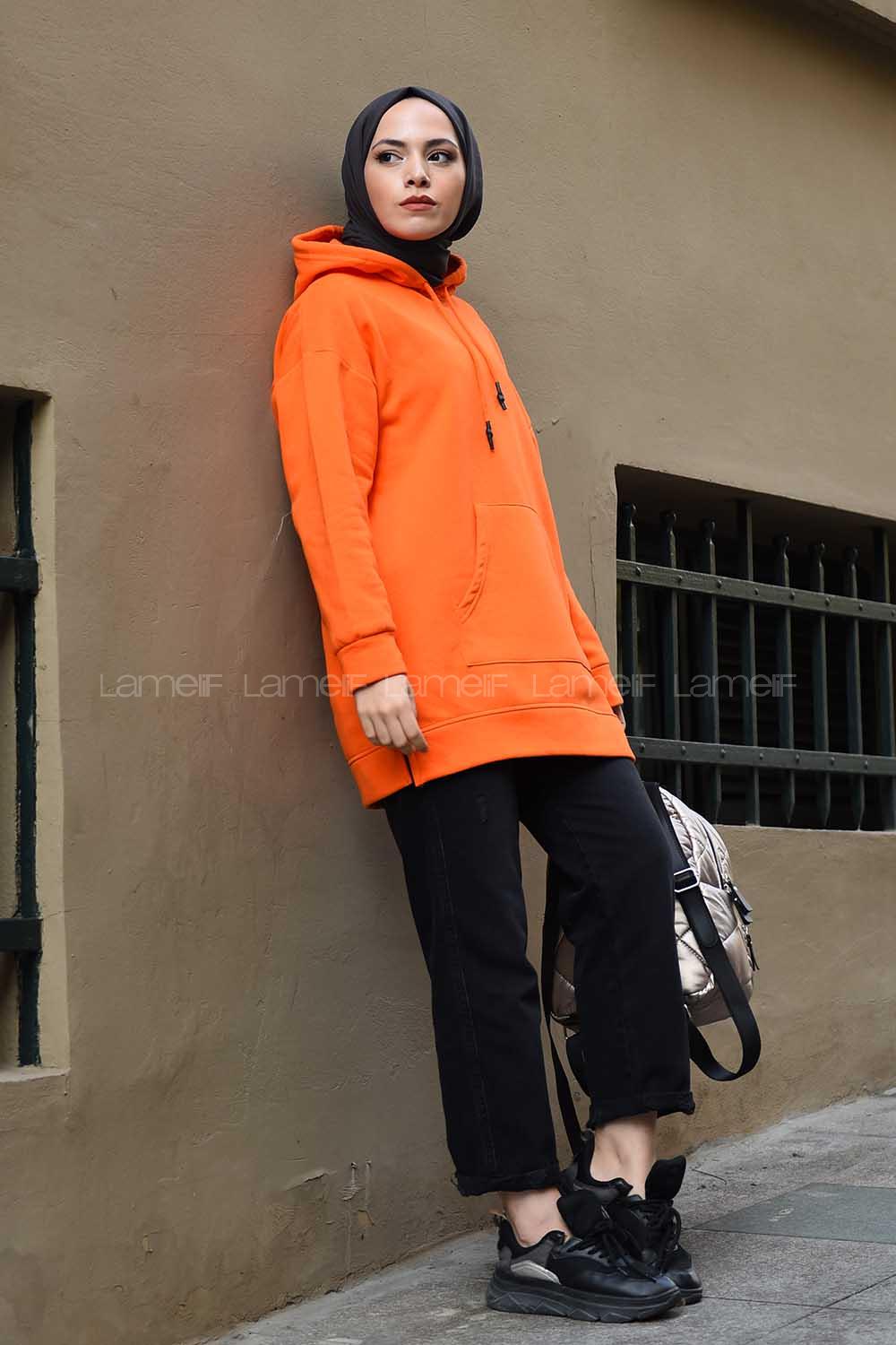 Modalamelif  Kanguru Cep Kapşonlu Sweatshirt Oranj