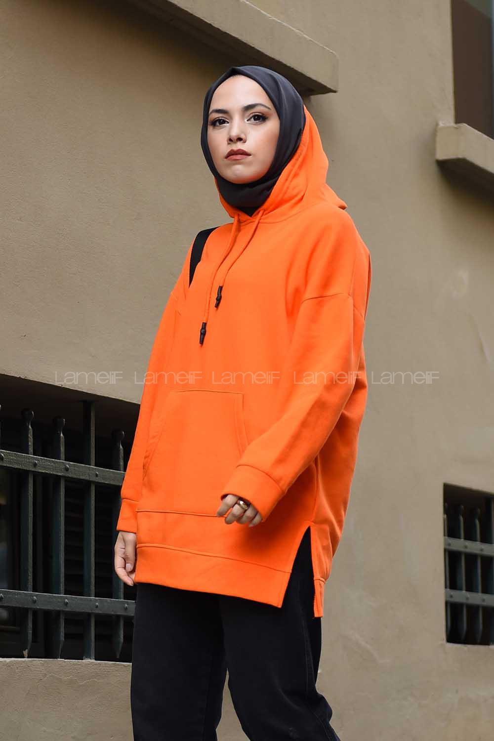 Modalamelif  Kanguru Cep Kapşonlu Sweatshirt Oranj
