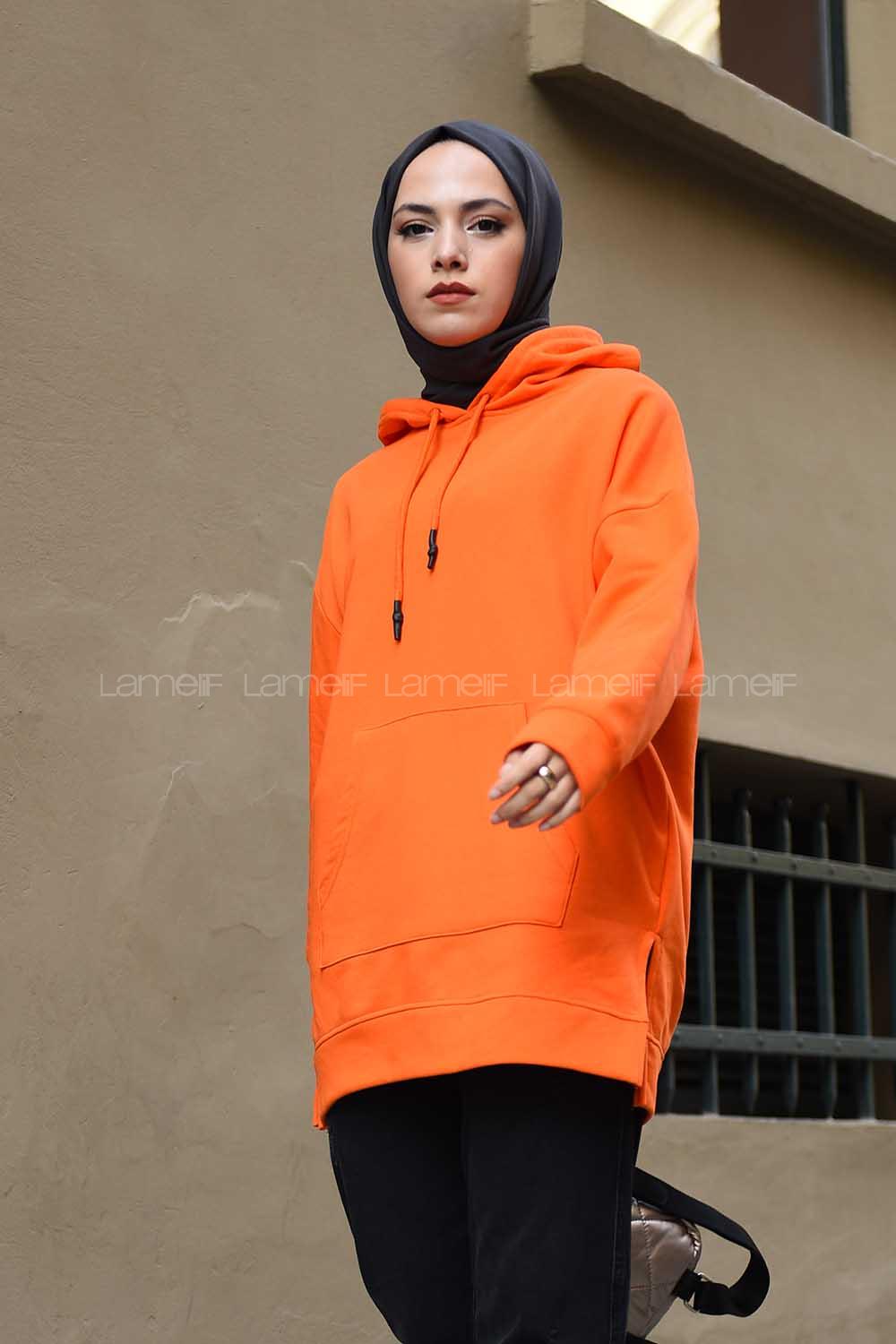 Modalamelif  Kanguru Cep Kapşonlu Sweatshirt Oranj