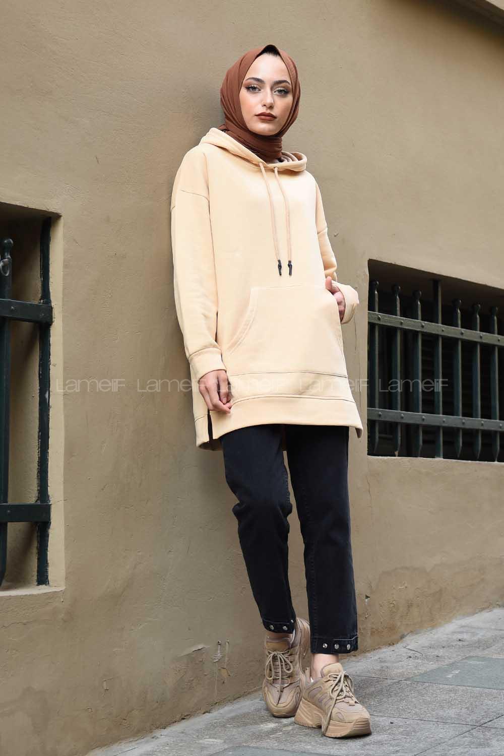 Modalamelif  Kanguru Cep Kapşonlu Sweatshirt Sütlü Kahve