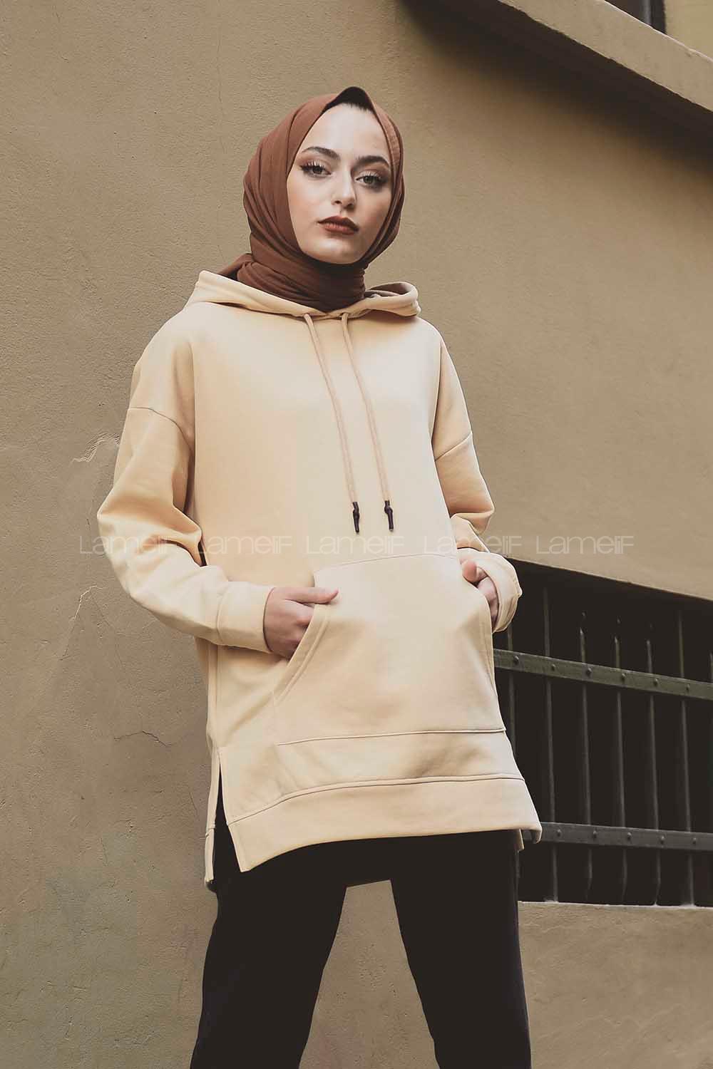 Modalamelif  Kanguru Cep Kapşonlu Sweatshirt Sütlü Kahve