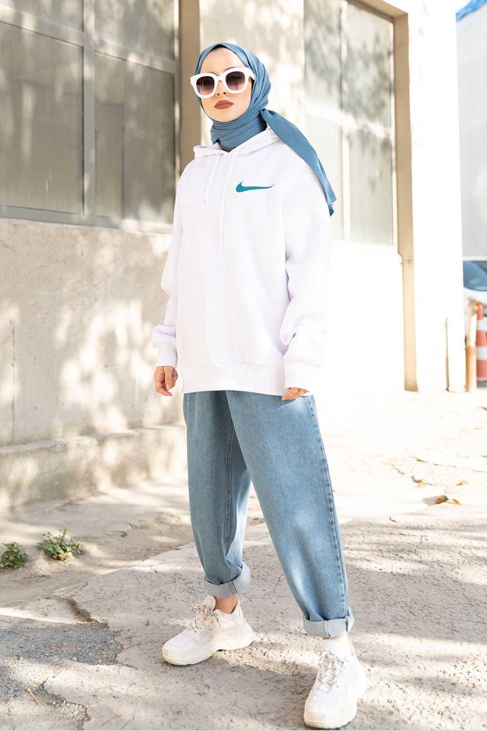 Modalamelif Kapşonlu Ön Baskılı Sweatshirt Beyaz