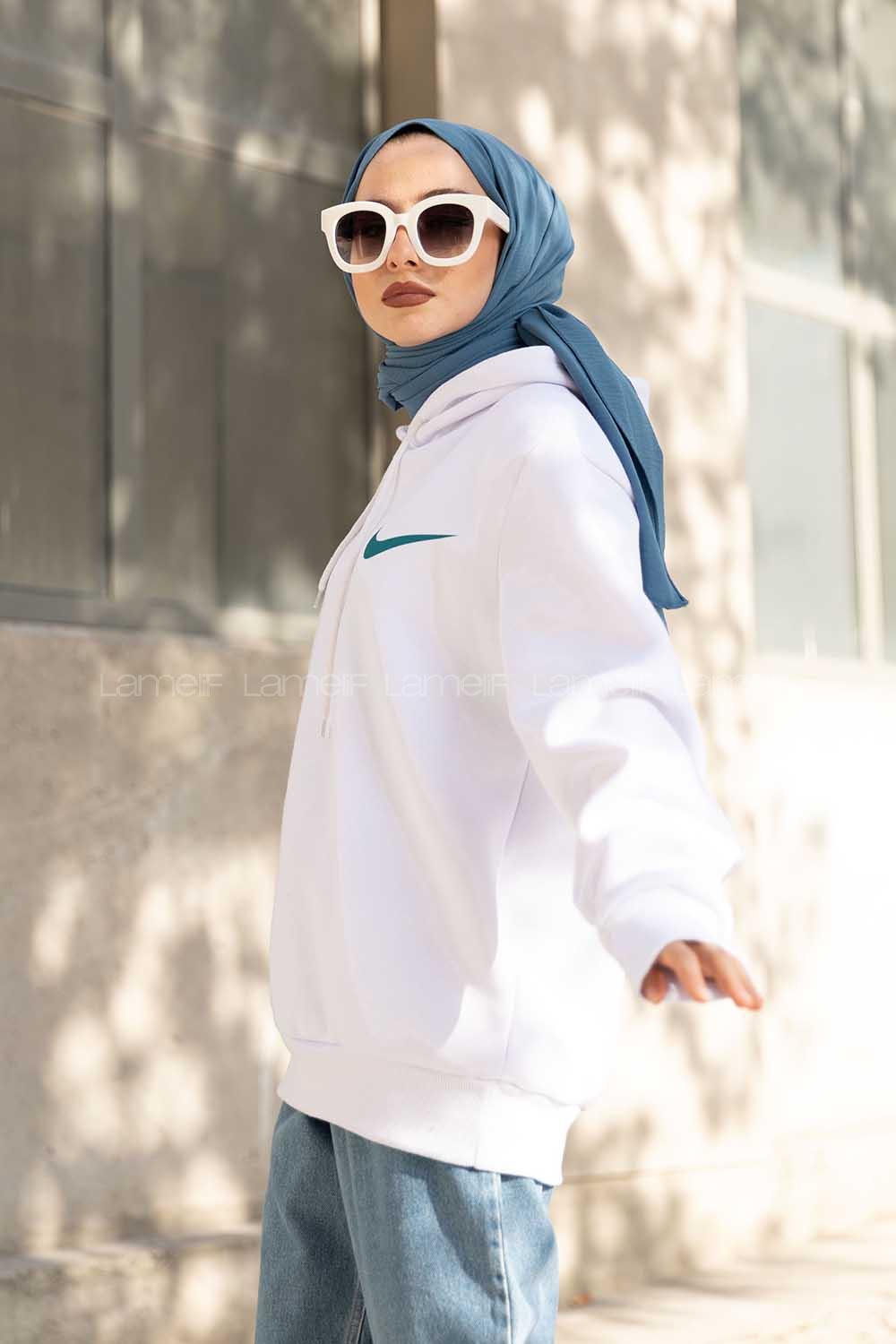 Modalamelif Kapşonlu Ön Baskılı Sweatshirt Beyaz