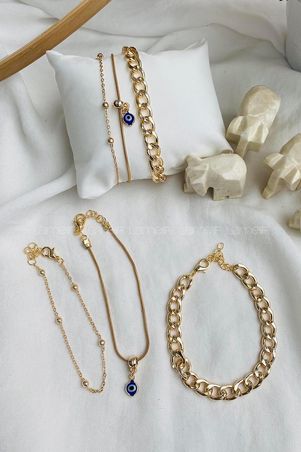 Modalamelif 3lü Nazar Boncuk Detay Gold Bileklik